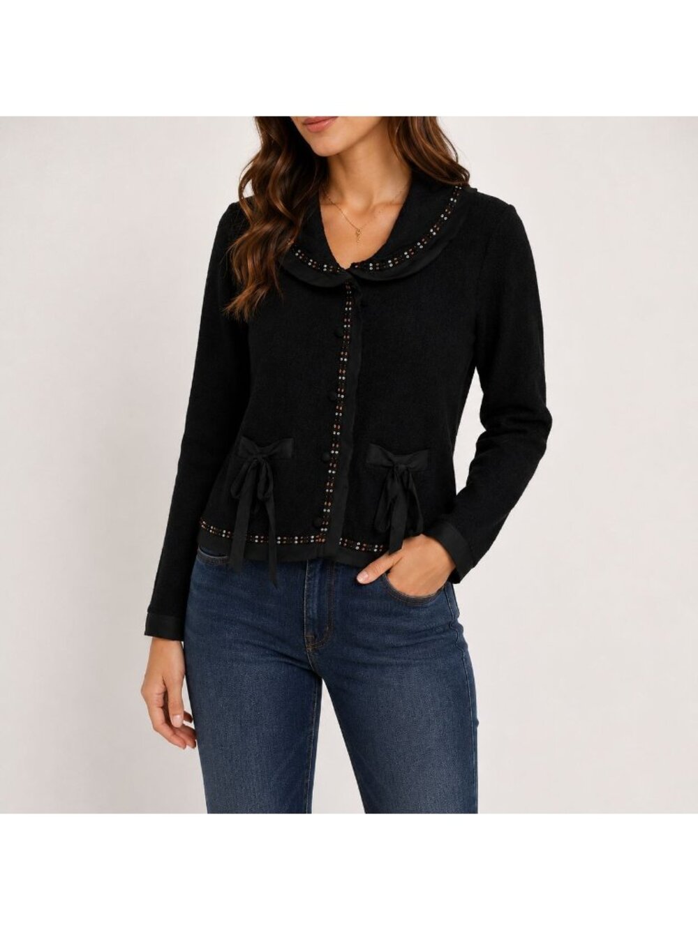 NWT Lapis Black Wool Embellished Bow Cardigan Jacket Size Medium Beaded Artsy